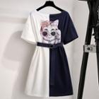 Cat Print Short-sleeve T-shirt Dress With Belt