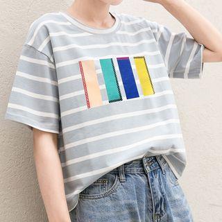 Elbow-sleeve Striped Color Block Top