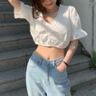 Short-sleeve Shirred Cropped Blouse White - One Size