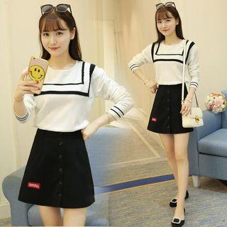 Set: Striped Sweater + Buttoned Skirt