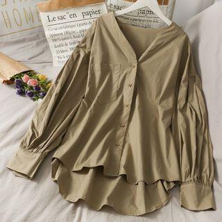 Dip-back V-neck Boyfriend Shirt Khaki - One Size