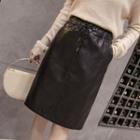 Faux-leather Drawstring Midi Straight-fit Skirt
