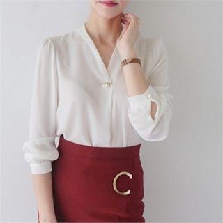 Faux-pearl Detail Shawl-collar Chiffon Blouse