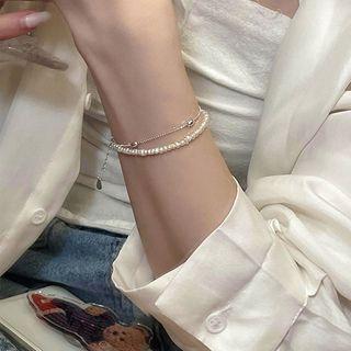 Faux Pearl Sterling Silver Layered Bracelet S224 - White - One Size