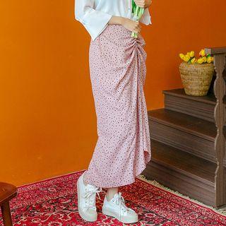 Drawstring-front Long Dotted Skirt