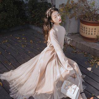 Set: Slit Sweater Dress + Asymmetrical Mesh A-line Dress