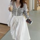 Striped Cardigan / Drawstring Midi A-line Skirt