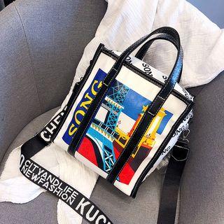 Faux Leather Lettering & Printed Shoulder Bag