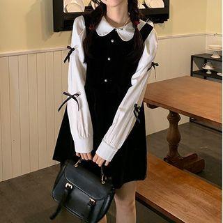 Mock Two-piece Long-sleeve Two-tone Velvet Mini A-line Dress
