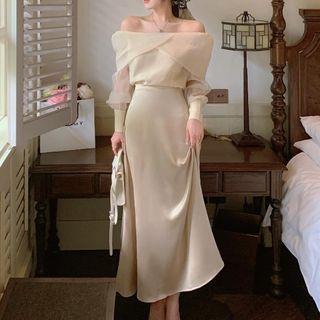 Long-sleeve Cold Shoulder Top / Midi A-line Skirt