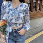 Long-sleeve V-neck Floral Ruched Trim Chiffon Top