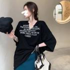 3/4-sleeve Lettering Asymmetrical Neck T-shirt