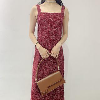Wide Strap Floral Print Midi A-line Dress Red - One Size