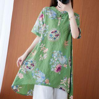 Short-sleeve Floral Print Mandarin-neck Top