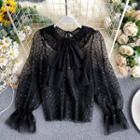 Balloon-sleeve Sequined Chiffon Blouse Black - One Size