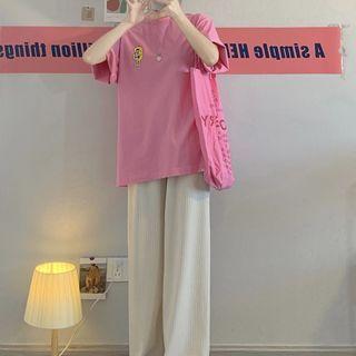 Elbow-sleeve Graphic Print T-shirt / Wide Leg Pants / Set