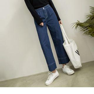 Elastic Waist Stitched Wide-leg Jeans
