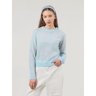 Plain Round-neck Knit Top Light Blue - One Size