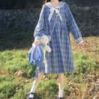 Sailor Collar Plaid Long-sleeve A-line Dress As Shown In Figure - One Size