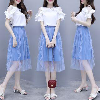 Set: Short-sleeve Ruffle Chiffon Top + A-line Mesh Skirt