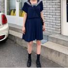 Short-sleeve Sailor Collar Pleated Hem Dress