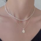 Gemstone Pendant Faux Pearl Sterling Silver Layered Choker Necklace