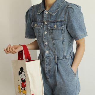 Puff-sleeve Denim Jumpsuit Blue - One Size