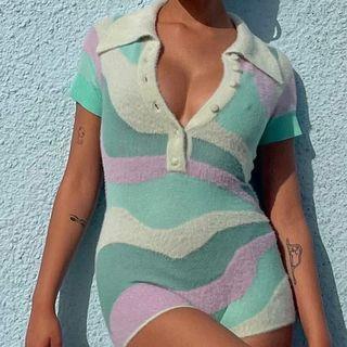 Short Sleeve Color-block Knitted Playsuit