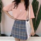 Heart Print Short-sleeve T-shirt / Plaid Mini A-line Skirt