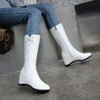 Faux Pearl Bow Hidden-wedge Mid-calf Boots