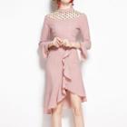 Bell-sleeve Dotted Panel Ruffled A-line Dress