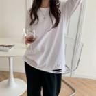 Long-sleeve Ripped Plain T-shirt White - One Size