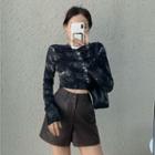 Long-sleeve Tie Dye Cropped T-shirt / Faux Leather Shorts