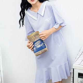 Lettering-printed Collared Short-sleeve Dress