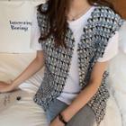 Faux Pearl Buttoned Tweed Vest Blue - One Size