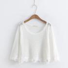 Fringed-hem Eyelet-knit Blouse White - One Size