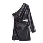 One-shoulder Cutout Slit Faux Leather Mini Bodycon Dress