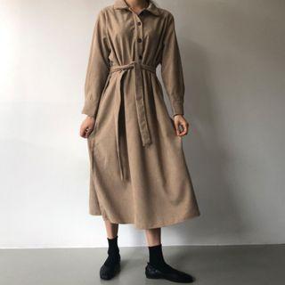 Tie-waist Half-button Corduroy Midi Dress Khaki - One Size