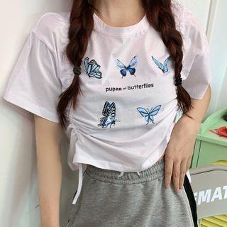 Butterfly Print Drawstring Short-sleeve T-shirt