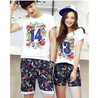 Set: Print Short Sleeve Couple Matching T-shirt + Floral Print Shorts