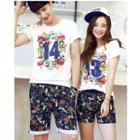 Set: Print Short Sleeve Couple Matching T-shirt + Floral Print Shorts