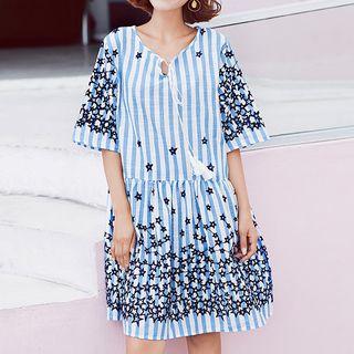 Short-sleeve Star Embroidered Striped A-line Dress