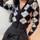 V-neck Argyle Cropped Cardigan