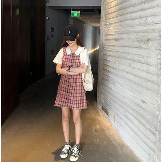 Short-sleeve Plaid Paneled A-line Mini Dress