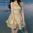 Spaghetti Strap Heart Print Mini A-line Dress / Lace Cardigan