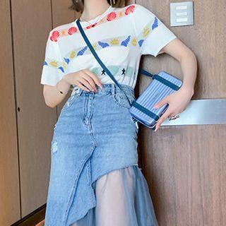 Short-sleeve Printed T-shirt / Paneled Denim Skirt / Set