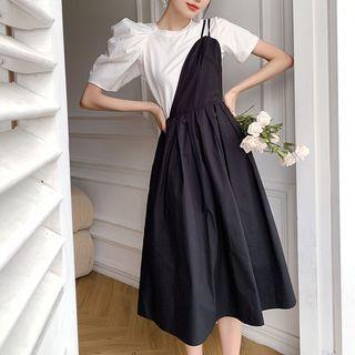 Set: Short-sleeve Top + One-shoulder Midi Overall Dress