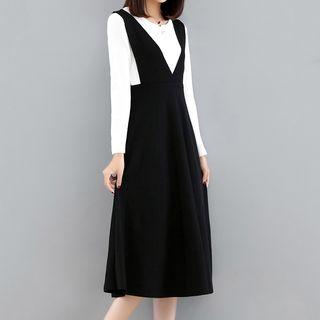 Set: Knitted Top + Midi Pinafore A-line Dress
