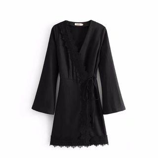 V Neck Lace Trim Plain Sheath Dress