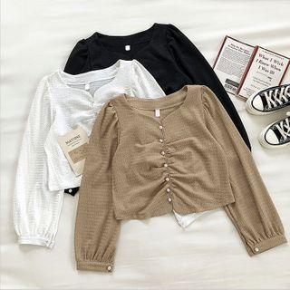 Plain Single-breasted Puff-sleeve T-shirt